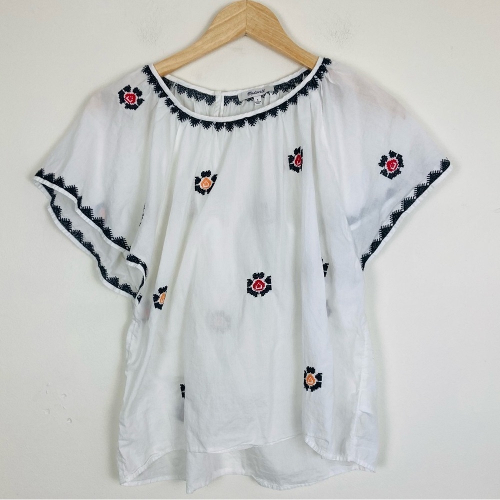 Madewell slightly sheer white cotton top w/ black, red & yellow embroidery. S - Picture 4 of 8